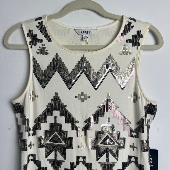 NEW Express Size M Cream Brown Sequin Aztec Print Sleeveless Shift Mini Dress - Picture 6 of 9